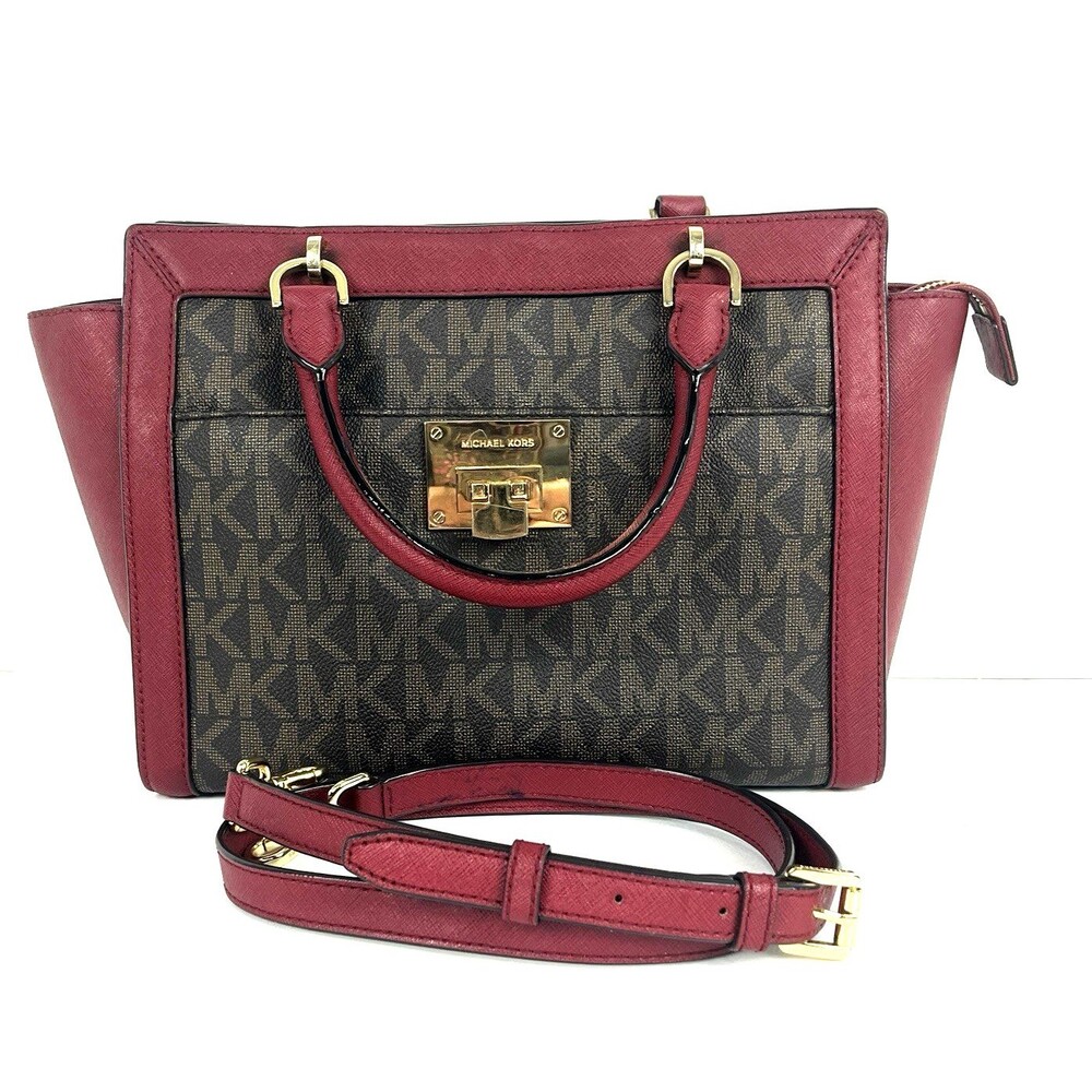 Michael Kors Tina Satchel Shoulder Handbag Canvas Logo Print Dark Red Leather